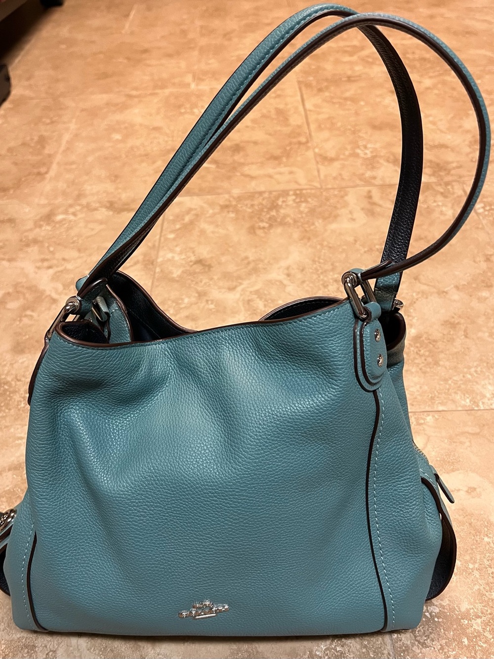 Coach Teal Pebbled Leather Shoulder Hobo Bag with Double Straps